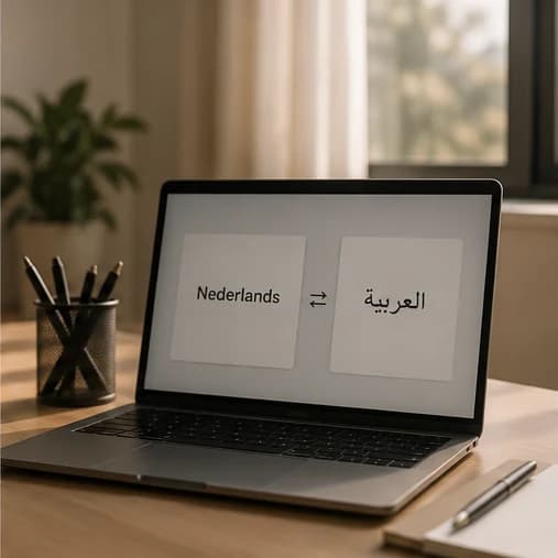 Laptop met Arabisch-Nederlandse taalondersteuning op een bureau